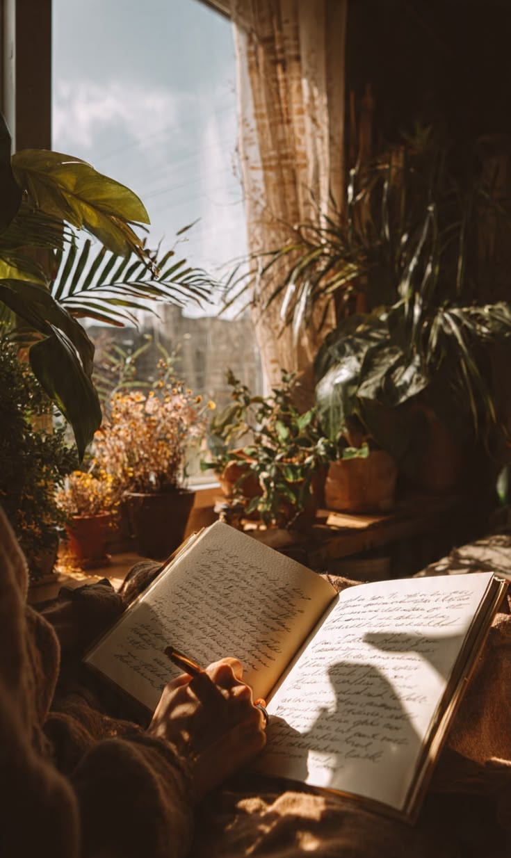 Caderno aberto com anotações manuscritas ao sol — comportamento humano.