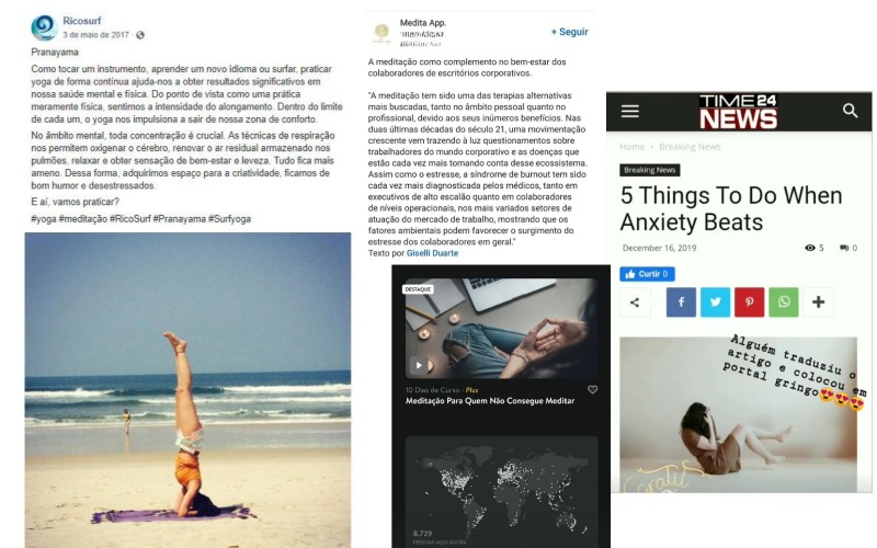 Mosaico de publicações: Ricosurf, Medita App e Time24 News com artigos de Giselli Duarte.