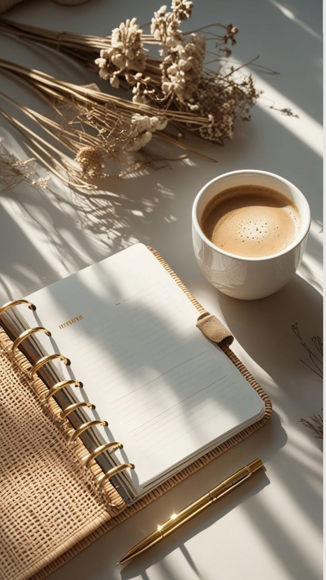 Caderno aberto ao lado de uma xícara de café e flores secas — yoga e meditação.