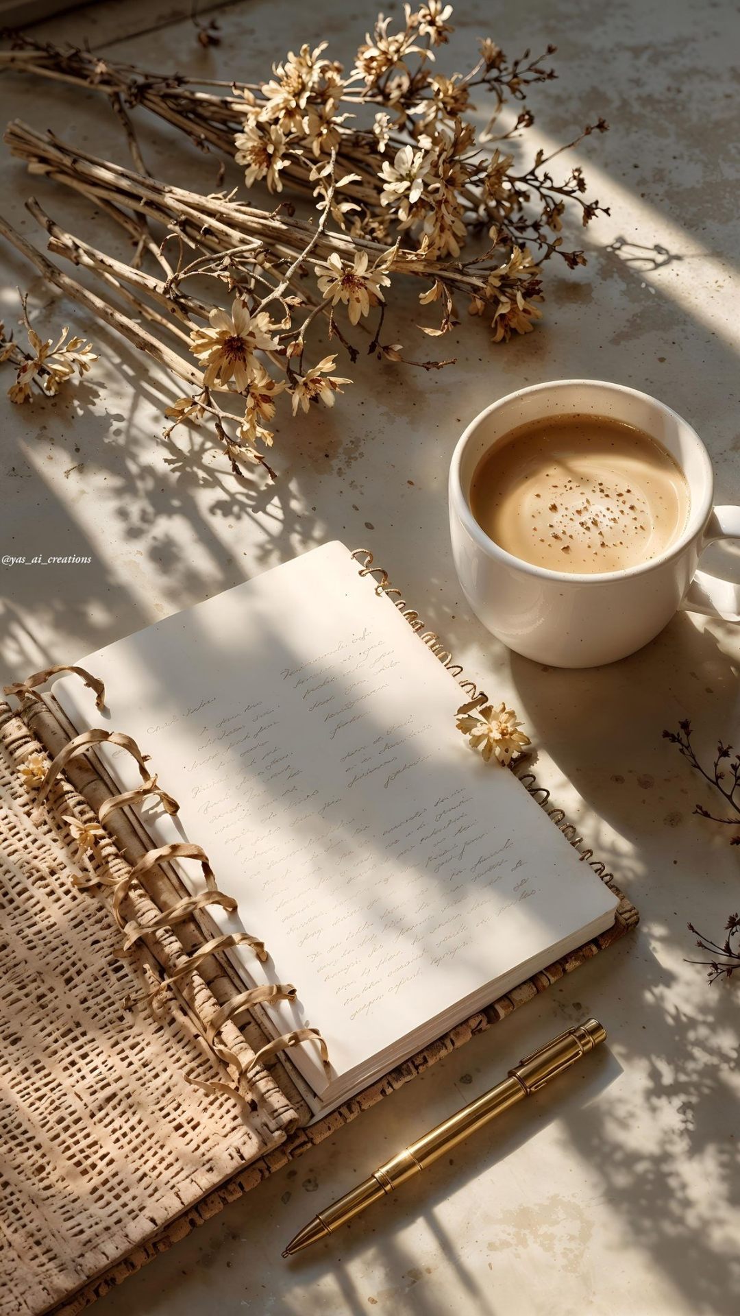 Caderno com escrita à mão, xícara de café e flores secas — Direito.
