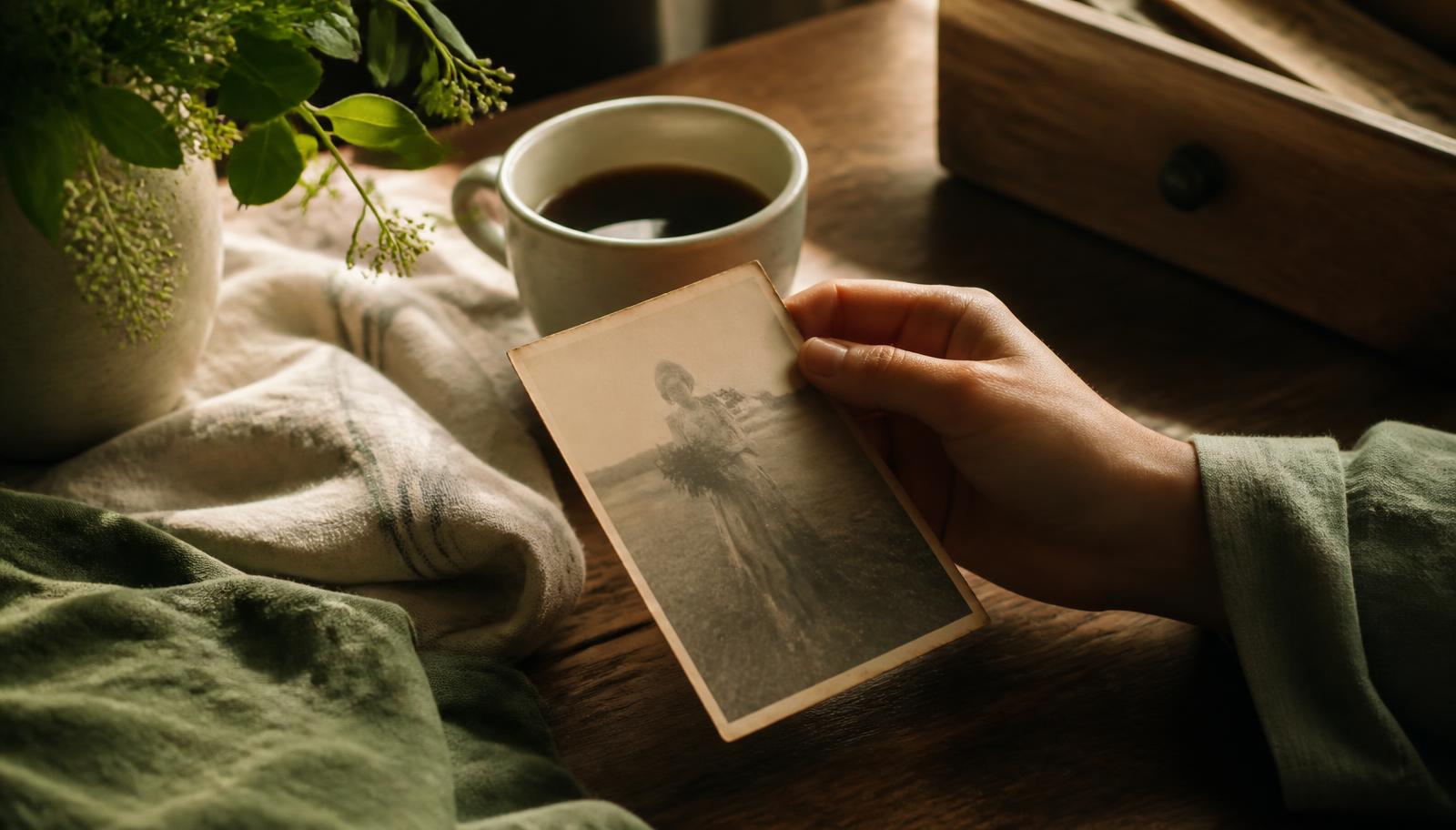 Mão adulta segurando uma fotografia antiga sobre uma mesa de madeira, ao lado de uma xícara de café e luz suave de fim de tarde.