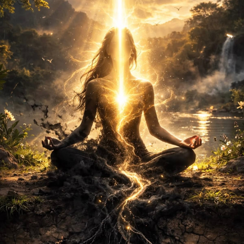 Representação simbólica de meditação e origem — luz e enraizamento.