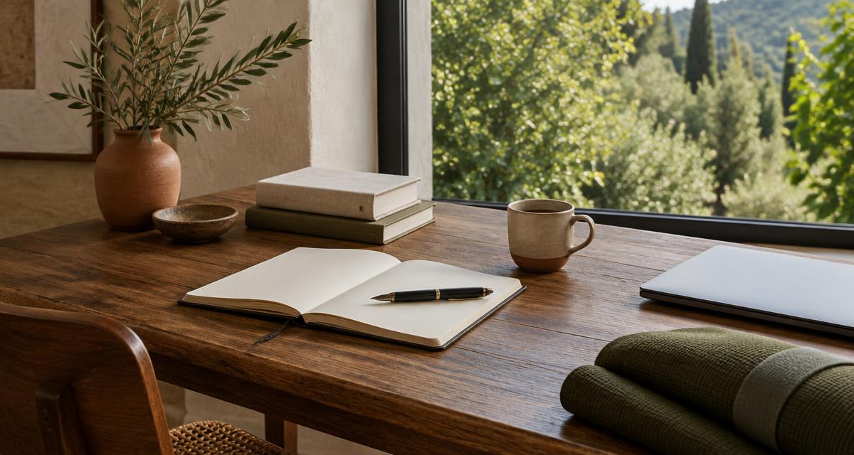 Caderno aberto com caneta, livros, computador e tecido verde oliva sobre uma mesa de madeira junto à janela, em luz natural.