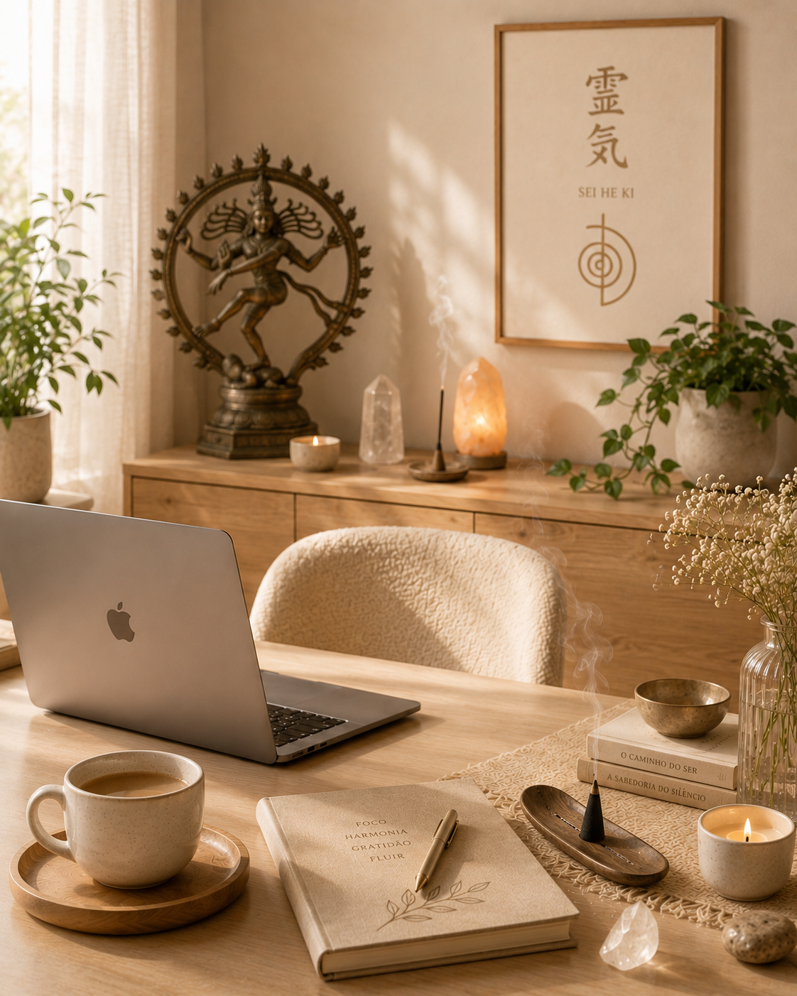 Escritório de Giselli Duarte — laptop, incenso e um quadro de Reiki: tecnologia e espiritualidade.