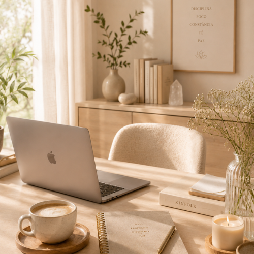 Ambiente de trabalho iluminado — mesa com laptop, caderno e xícara.