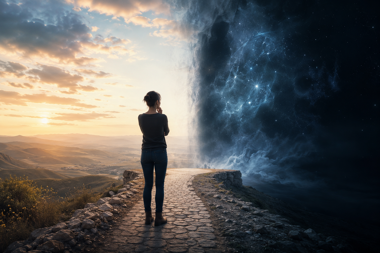 Mulher em pé em uma trilha de pedras entre uma paisagem ensolarada e um céu estrelado — representação visual do encontro entre o conhecido e o desconhecido.