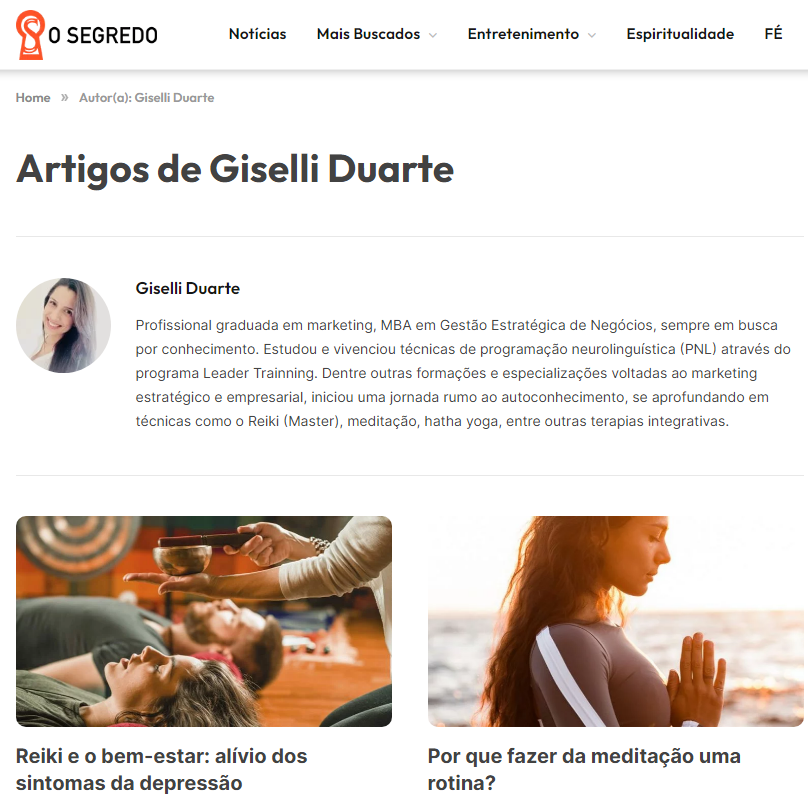 Coluna de Giselli Duarte no portal O Segredo, com foto e biografia da autora.