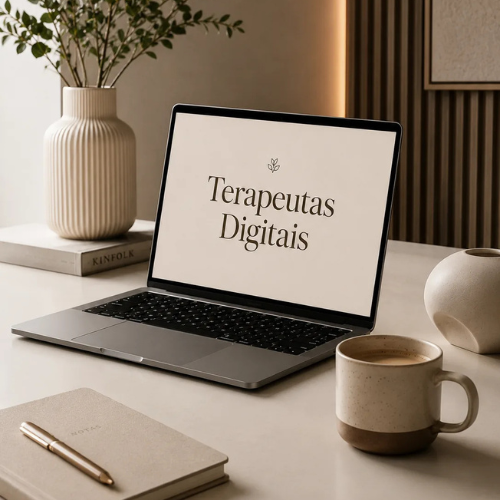 Laptop com a marca Terapeutas Digitais em ambiente de trabalho.