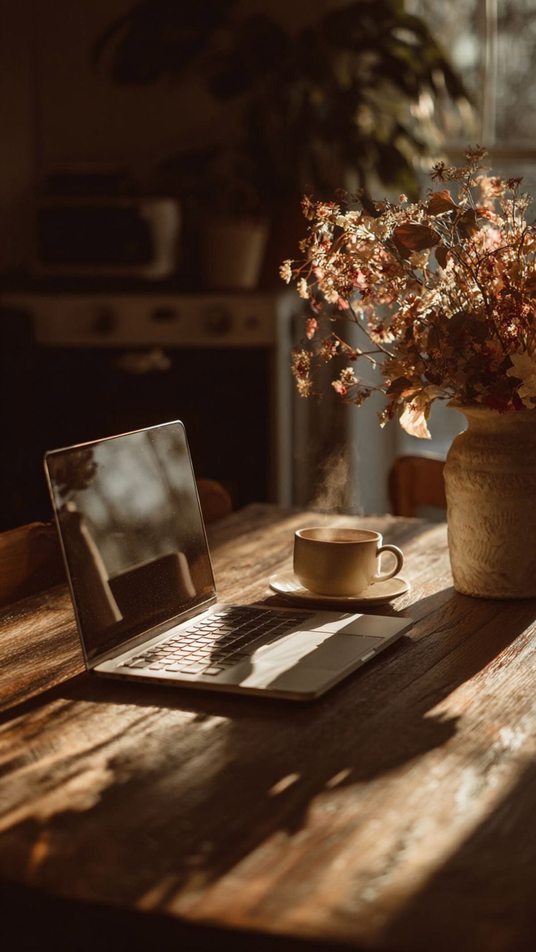 Ambiente com laptop, xícara de café e flores secas — terapias integrativas.