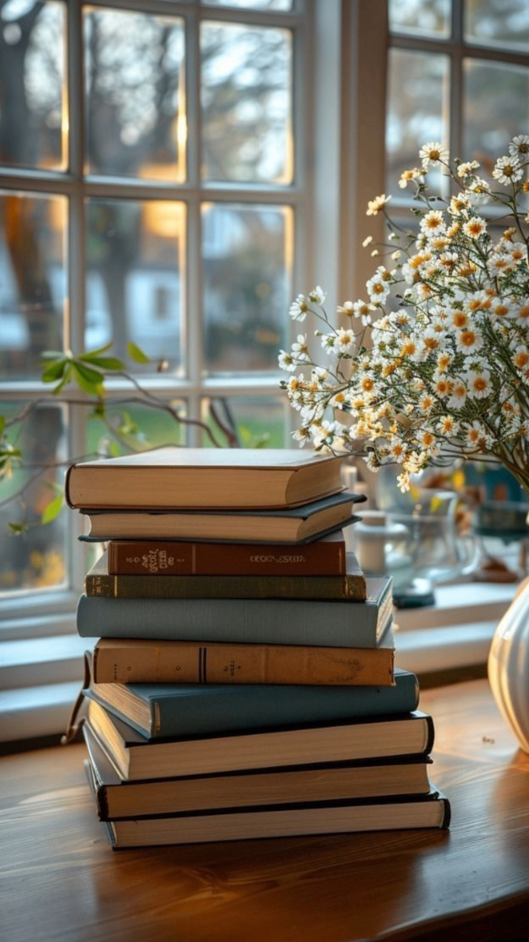 Livros empilhados junto a flores brancas — comunicação, marketing e negócios.