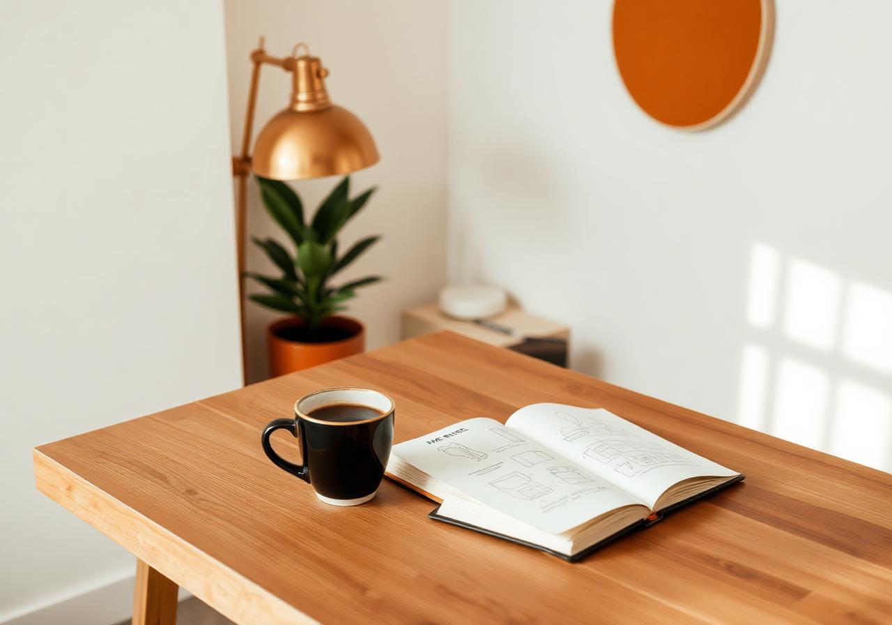 Escritório minimalista com mesa de madeira, caderno aberto e xícara de café — referência à Lab 108, fundada em 2015.