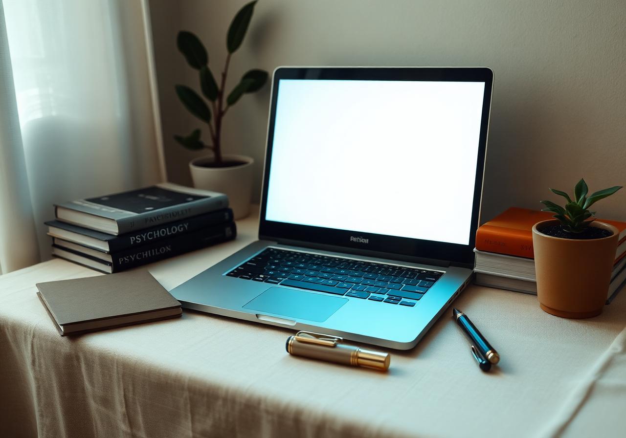 Notebook aberto sobre mesa com livros de psicologia e plantas — referência à fundação da Terapeutas Digitais em 2019.