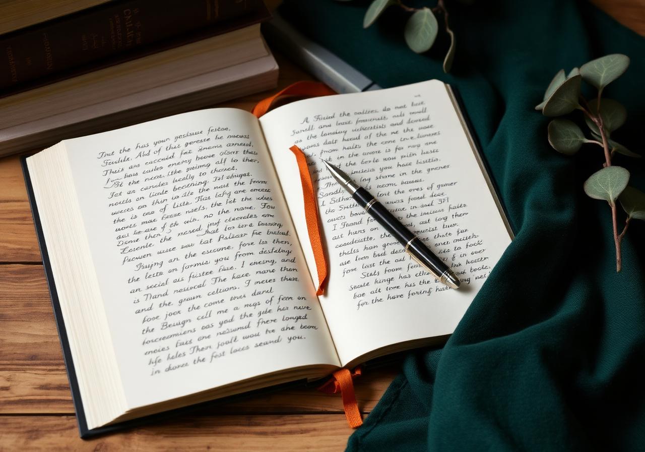 Caderno manuscrito aberto ao lado de livros e um ramo de eucalipto — referência à prática da escrita.