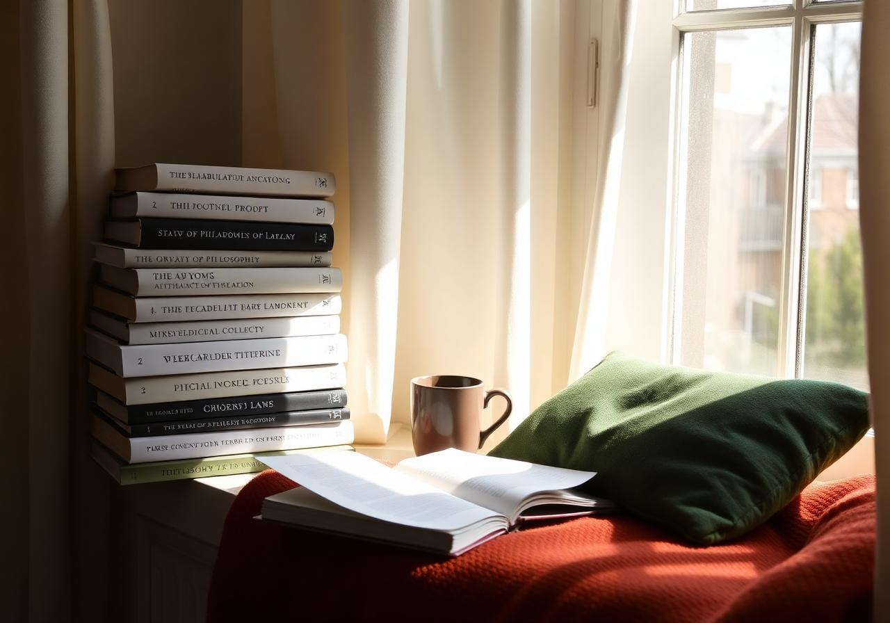 Pilha de livros ao lado de uma janela ensolarada com almofada verde e manta terracota — cena atual de estudo e leitura.