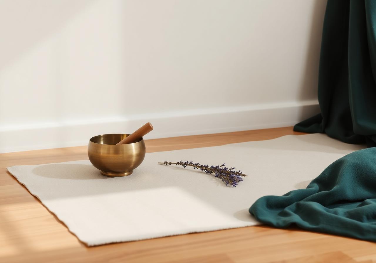 Tapete de linho com pequeno bowl tibetano de latão e ramo de lavanda — referência à prática de yoga e meditação.
